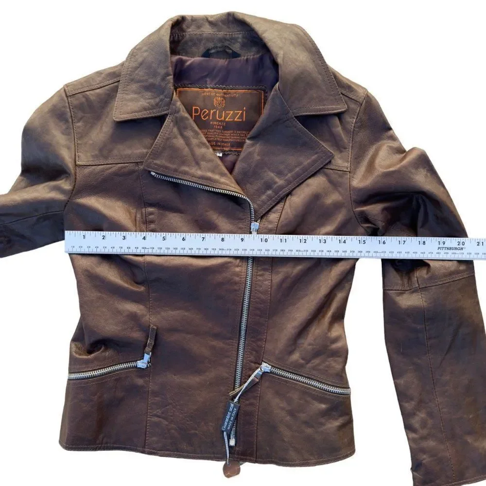 Peruzzi Vera Pelle‎ Leather Italian Made Moto Style Jacket Brown Women's 2